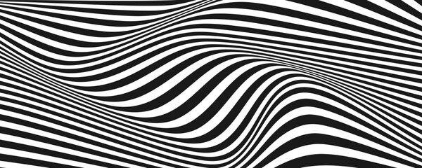 Black and white abstract background. Waves shape decoration. Optical illusion stripes style. Modern graphic design element with distorted lines concept for web, poster, flyer, card cover, or brochure - obrazy, fototapety, plakaty