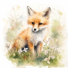 Obraz premium Fuchswelpe Aquarell Niedlich Jungtier Blumenwiese Natur Illustration Tierkunst Wandbild Kinderzimmer Dekoration Geschenkidee für Tierliebhaber