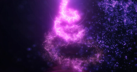 Purple bright glowing festive Christmas New Year tree, Christmas tree made of energy abstract particles background