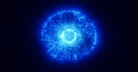 Abstract blue energy glowing digital sphere atom made of iridescent energy from moving electric plasma liquid on black background