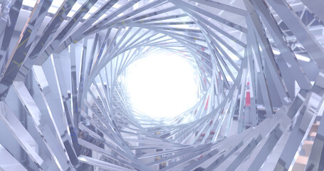 Abstract metallic shiny silver chrome polyhedral tunnel frame made of lines of hexagonal edges, mechanical high-tech tunnel futuristic, abstract background