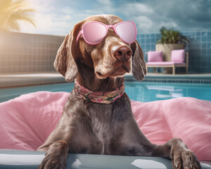 ai generated dog girl in pink glasses swimming on a mat in a swimming pool in summer