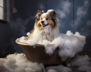 ai generated happy dog is taking a bath with foam