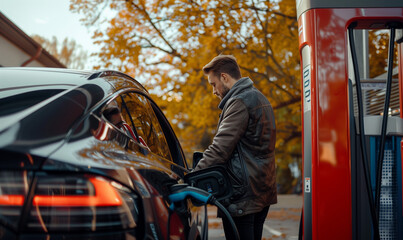 Mężczyzna na stacji benzynowej ładuje samochód elektryczny za pomocą szybkiej ładowarki - obrazy, fototapety, plakaty