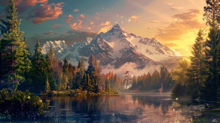 majestic landscape with a large lake and large mountains with pine trees - obrazy, fototapety, plakaty