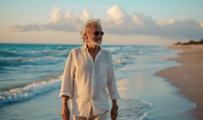 starszy mężczyzna w okularach przeciwsłonecznych dobrze ubrany w lnianą koszulę spaceruje po plaży nad ciepłym morzem