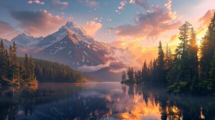 majestic landscape with a large lake and large mountains with green pine trees and a purple sunset in high resolution and quality. beautiful landscapes concept - obrazy, fototapety, plakaty
