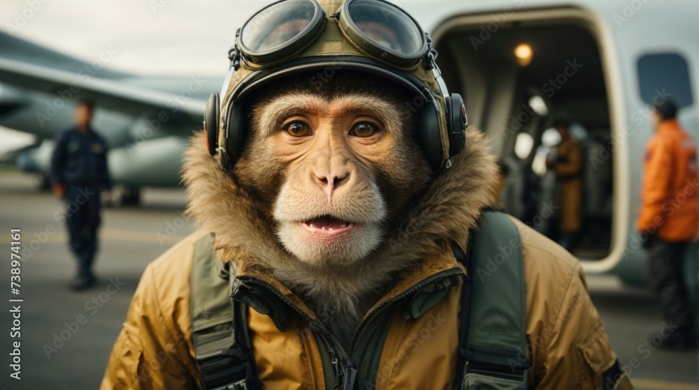 Poster A monkey wearing a pilot's helmet and goggles. Generative AI.