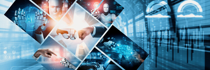 Human interact with AI artificial intelligence virtual assistant robot. Concept of AI artificial...