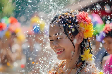 Gordijnen Child in Songkran festival joy, with water play and festive vibes © Rax Qiu