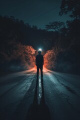 man stands in the middle of a picturesque road at night, a car light illuminates him from behind, photographic real quality --ar 2:3 --v 6 Job ID: 6ddc24ee-31fa-4699-9903-5892d005ae4c