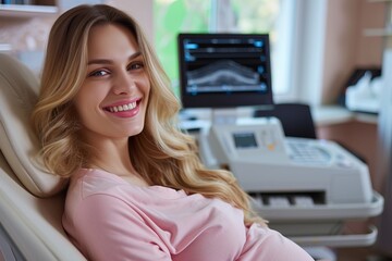 Fototapeta na wymiar Pregnant happy woman in doctor's office undergoing ultrasound screening, photographic real quality --ar 3:2 --v 6 Job ID: f7fce83e-8a0e-4e10-b3c2-1e3a06836c57