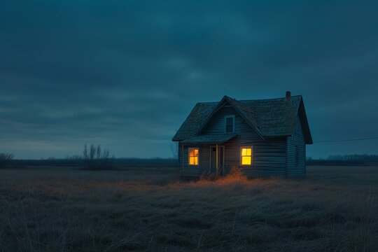 lonely wooden two-story house stands in a field at night, there are lights in the windows, photographic real quality --ar 3:2 --v 6 Job ID: 334205c0-79a2-43df-8485-9be15c4e306a