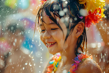 Child in Songkran festival joy, with water play and festive vibes