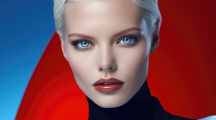 A futuristic model with blue eyes and blonde hair in  studio lighting. Generative AI.