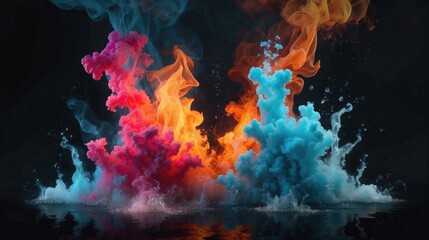 Colorful smoke and water on a black background. Generative AI.