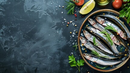 Anchovies in plate top view copy space dark background. - obrazy, fototapety, plakaty