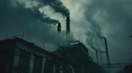 Dark and Gloomy Industrial Atmosphere: Factory Smoke Pollution Creating Toxic Fumes in Urban Environment