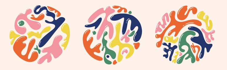 Set of Trend liquid abstract organic blob shapes round background. Colored wavy elements bubbles and drops in trendy y2k style. Design childish colorful vector. Poster banner, card template design.
