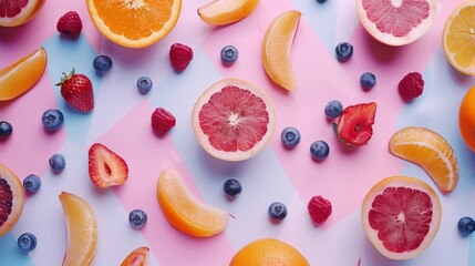 A vibrant assortment of fresh fruits creates a colorful background, symbolizing the richness of vitamins and natural nutrition.
