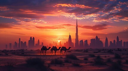 At sunset in Dubai, a captivating image captures the beauty of camels against the backdrop of the desert. - obrazy, fototapety, plakaty