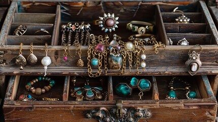 Fototapeta na wymiar An antique wooden jewelry box containing a selection of vintage jewelry.