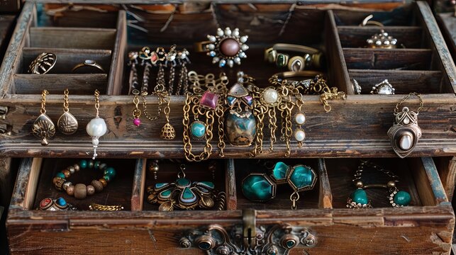An antique wooden jewelry box containing a selection of vintage jewelry.