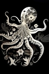 paper cut out collage, octopus , 1950 illustration, vector art , black background