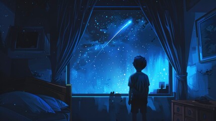 Illustration of a child watching a shooting star from his room wearing pajamas in high resolution and quality. shooting star concept,cosmos