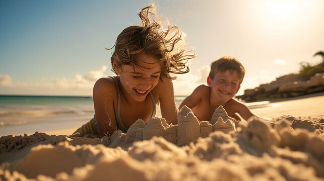 Children laughing while building a sandcastle on the beach