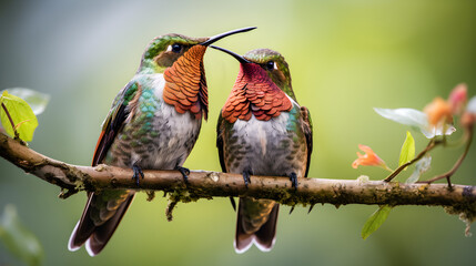 Male and female broad-beaked hummingbirds perched on tree branches