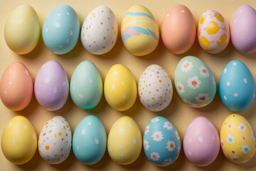 Fototapeta na wymiar Multicolored easter eggs on pastel yellow background
