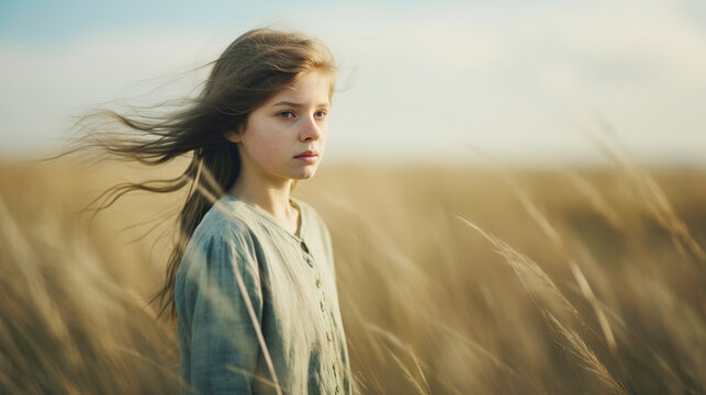 Romantic image of a young girl dressed in 1900s fashion in a meadow of wild grasses - Generative AI