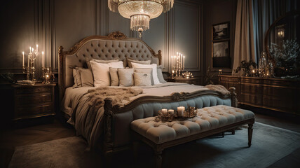A sumptuously furnished bedroom featuring a plush bed, and vintage decor creating a serene ambiance - Generative AI