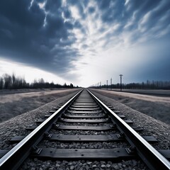 Obraz premium Dramatic Perspective of Railroad Tracks under a Moody Cloudy Sky