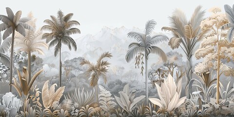 Watercolor pattern wallpaper. Painting of a jungle landscape.