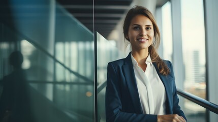 A young businesswoman stands in a modern office setting
