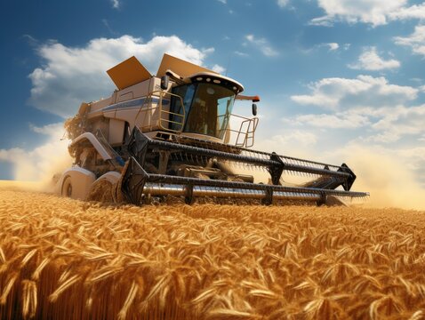 Harvesting Wheat With a Combine in a Field. Generative AI.