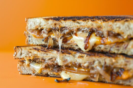 An image of a grilled cheese and bacon sandwich, cut in half to reveal the layers of melted cheese and crispy bacon.