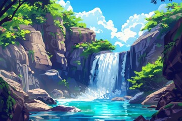 A painting depicting a grand waterfall flowing through a lush forest, cascading down rocky cliffs.