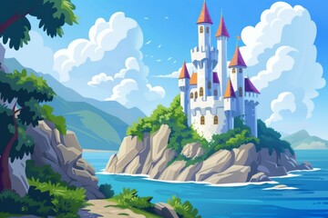 A mystical castle standing atop a cliff, commanding a breathtaking view of the water below.