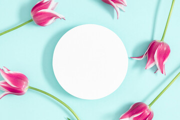 Flowers composition romantic. Pink flowers tulips on pastel blue background with white empty circle for text or advert. Valentines Day, Easter, Birthday, Mother's day. Flat lay, top view, copy space