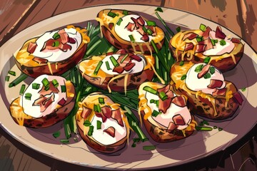 A plate of loaded potato skins, covered with melted cheese, placed on a table.