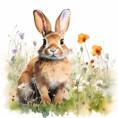 Kaninchen Aquarell Frühlingswiese Blumenfeld Hase Natur Illustration Wandkunst Osterdeko Kinderzimmer Geschenk Frühlingsfest