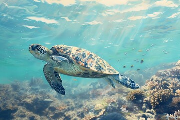 A serene sea turtle gliding through the crystal clear ocean waters surrounded by a large group of fish.