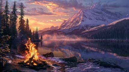 amazing landscape of a campfire with a large lake in the background and large mountains