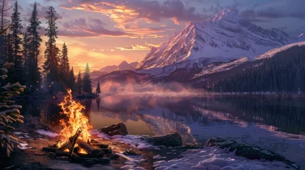 Tuinposter amazing landscape of a campfire with a large lake in the background and large mountains © Marco