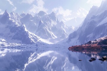 This photo showcases a tranquil mountain lake, gracefully encircled by majestic snow-covered peaks.