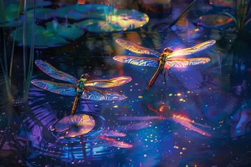 Tuinposter A group of dragonflies with iridescent wings are seen floating on the surface of a pond. © Vit