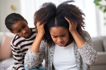 Concerned Child with Stressed Mother. Young African American girl comforting her stressed mother at home, depicting family support and maternal stress.